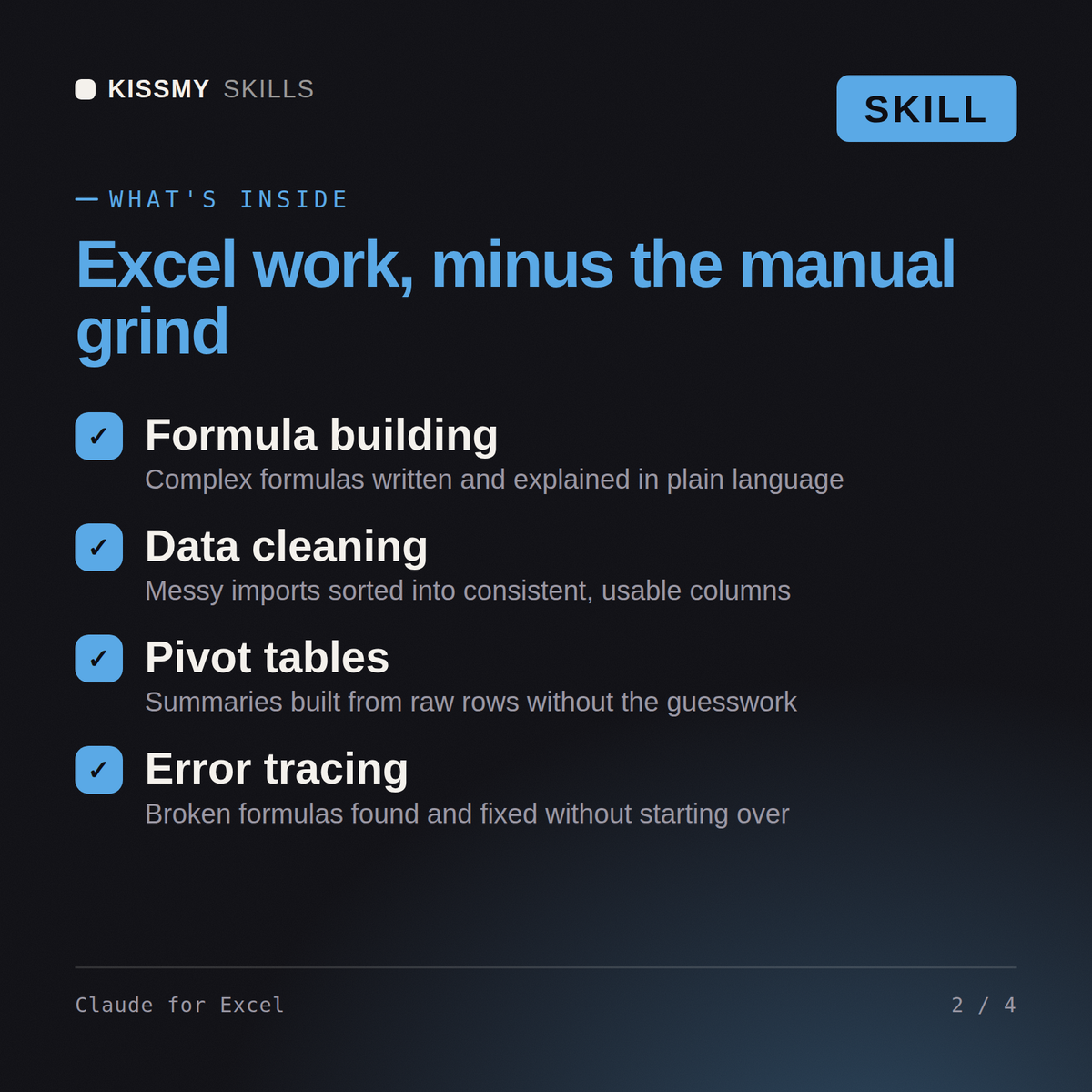 What's inside the Claude for Excel AI skill: Formula building, Data cleaning, Pivot tables, Error tracing