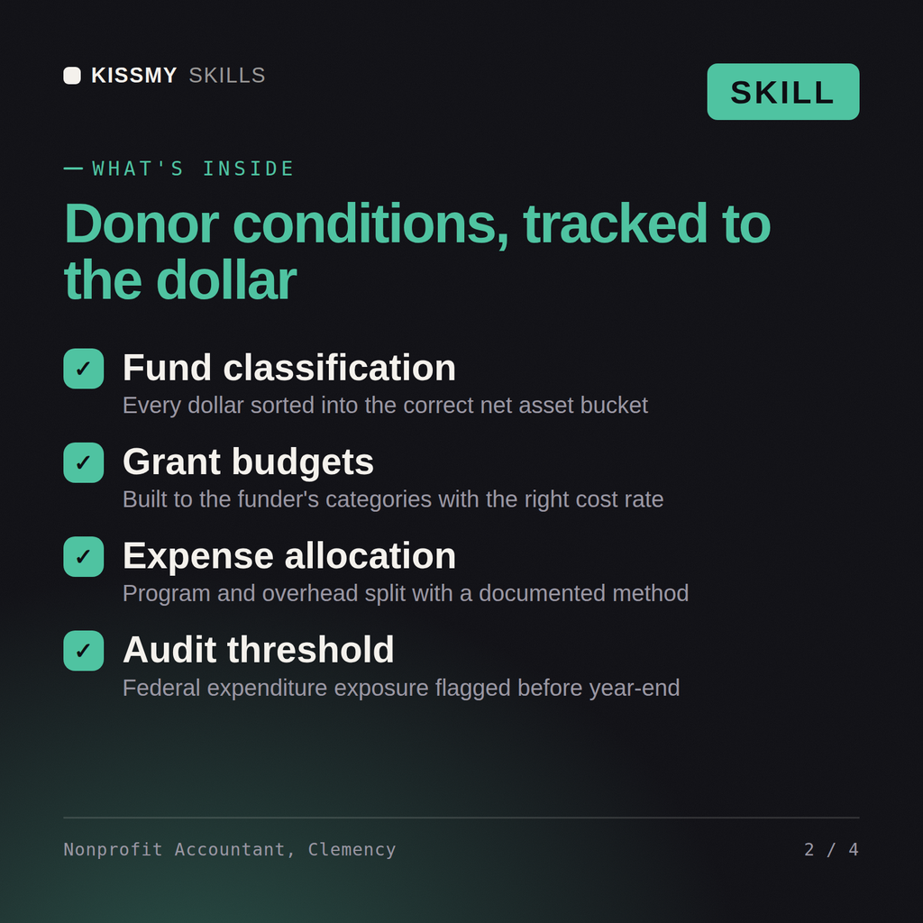What's inside the Nonprofit Accountant, Clemency AI skill: Fund classification, Grant budgets, Expense allocation, Audit threshold