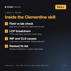 What's inside the Clementine - Core Web Vitals & Site Speed Optimizer AI skill: Field vs lab check, LCP breakdown, INP and CLS causes, Ranked fix list