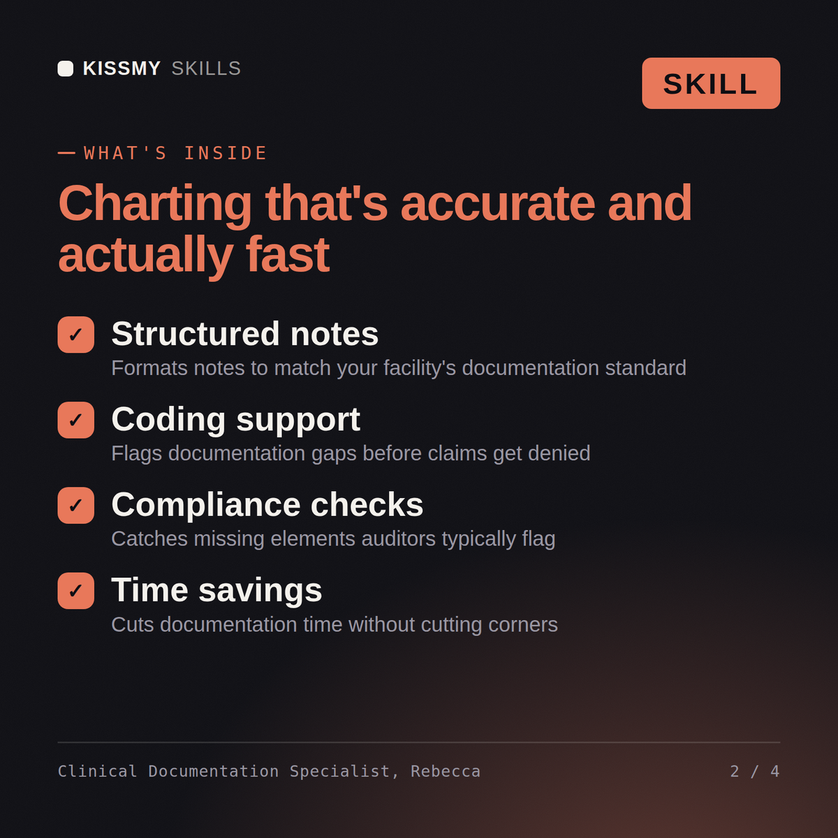 What's inside the Clinical Documentation Specialist, Rebecca AI skill: Structured notes, Coding support, Compliance checks, Time savings