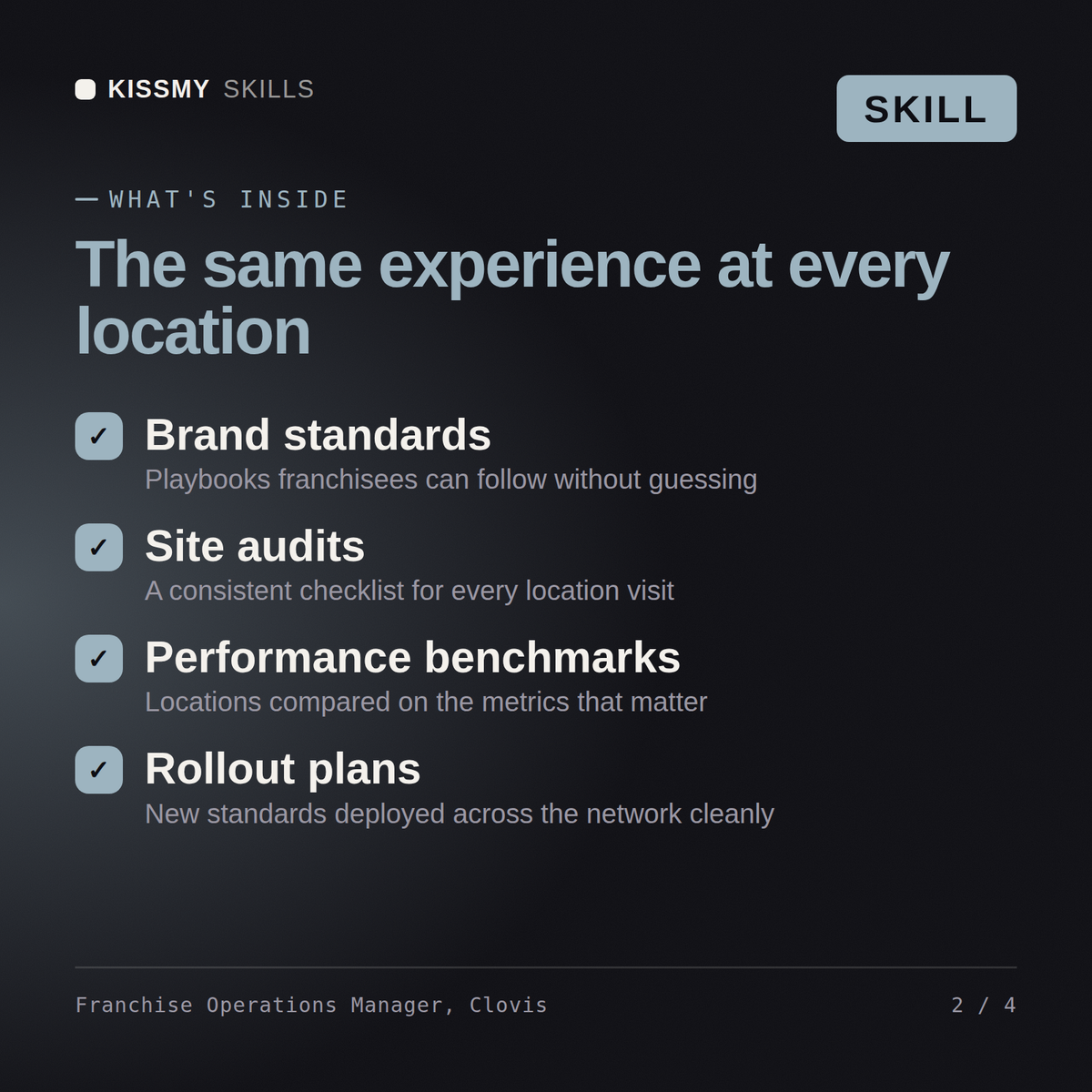 What's inside the Franchise Operations Manager, Clovis AI skill: Brand standards, Site audits, Performance benchmarks, Rollout plans