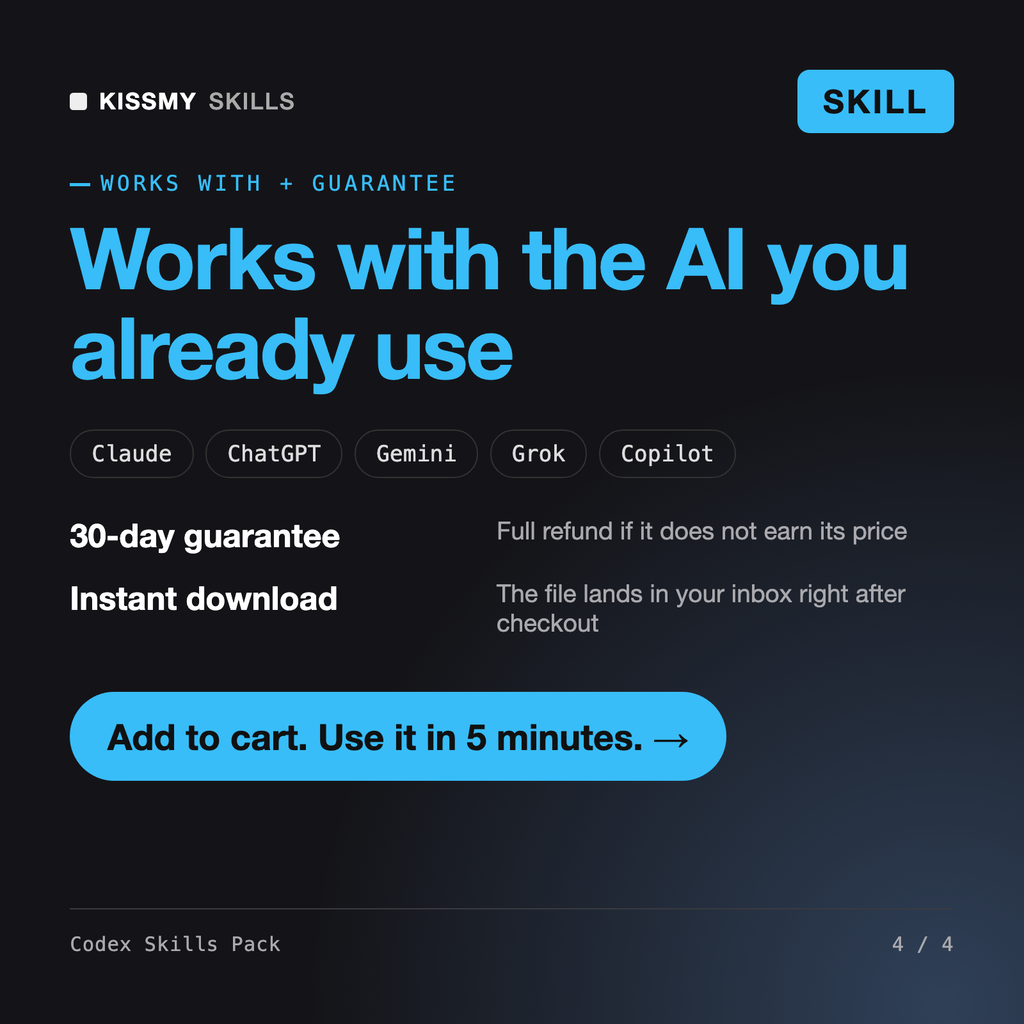 The Codex Skills Pack - 6 Coding Skills and AGENTS.md for Codex and Claude Code AI skill works with Claude, ChatGPT, Gemini and any AI chat, 30-day money-back guarantee