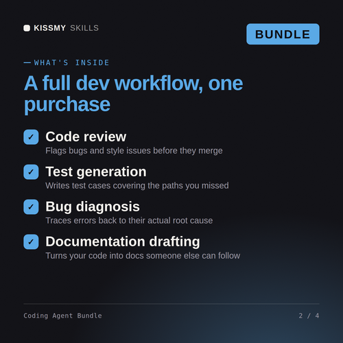 What's inside the Coding Agent Bundle AI bundle: Code review, Test generation, Bug diagnosis, Documentation drafting
