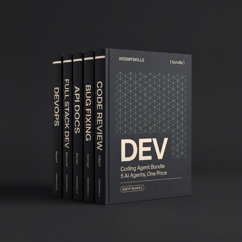 Coding Agent Bundle by KissMySkills, hardcover volumes titled DevOps, Full Stack Dev, API Docs, Bug Fixing and Code Review