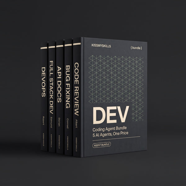 Coding Agent Bundle by KissMySkills, hardcover volumes titled DevOps, Full Stack Dev, API Docs, Bug Fixing and Code Review