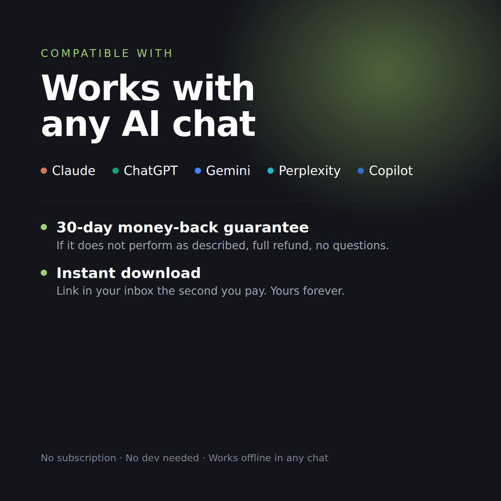 Works with any AI chat, 30-day money-back guarantee, instant download