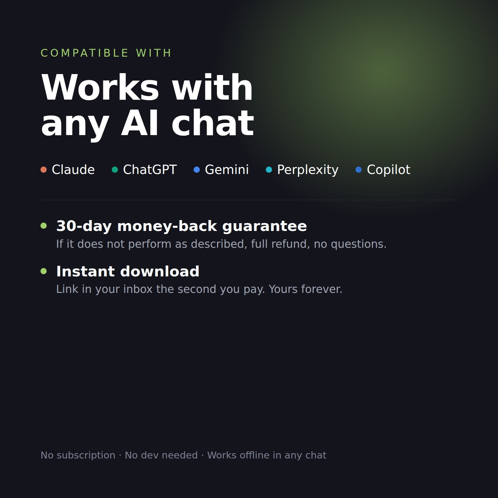 Works with any AI chat, 30-day money-back guarantee, instant download