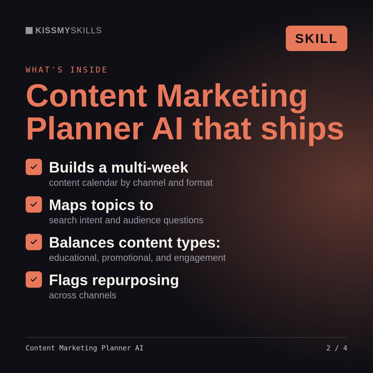 What's inside the Content Marketing Planner AI skill: Builds a multi-week, Maps topics to, Balances content types:, Flags repurposing