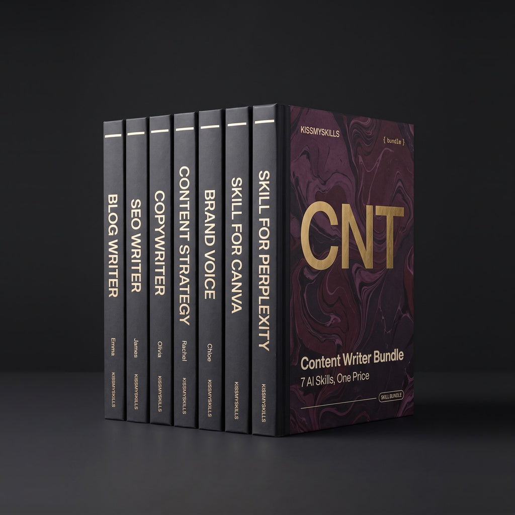 Content Writer Bundle by KissMySkills, hardcover volumes titled Blog Writer, SEO Writer, Copywriter, Content Strategy, Brand Voice, Skill for Canva and Skill for Perplexity