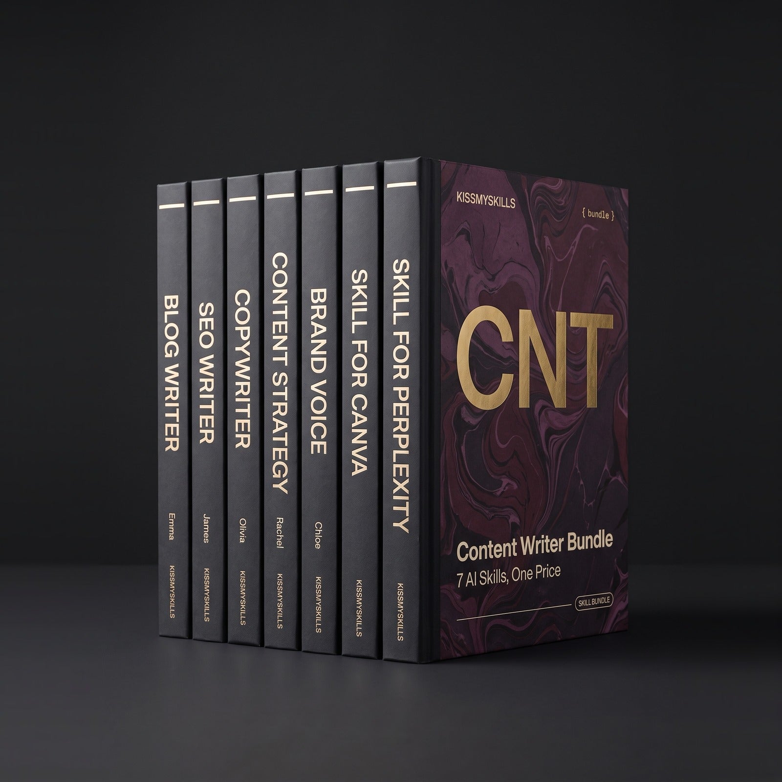 Content Writer Bundle by KissMySkills, hardcover volumes titled Blog Writer, SEO Writer, Copywriter, Content Strategy, Brand Voice, Skill for Canva and Skill for Perplexity