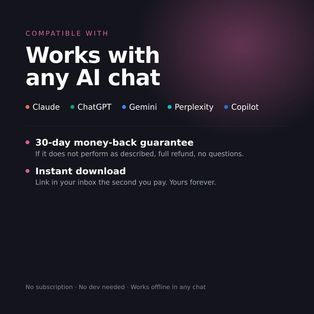 Works with any AI chat, 30-day money-back guarantee, instant download
