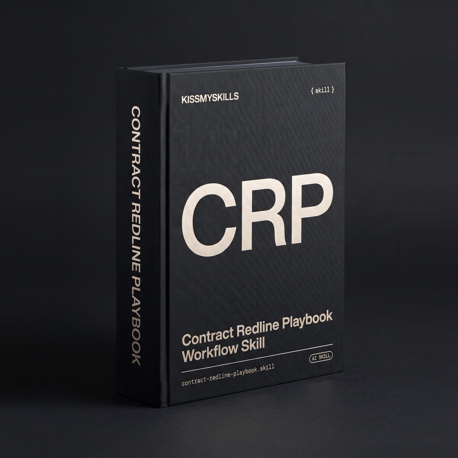 Contract Redline Playbook Claude skill by KissMySkills, deep graphite-black bookcloth cover, monogram CRP