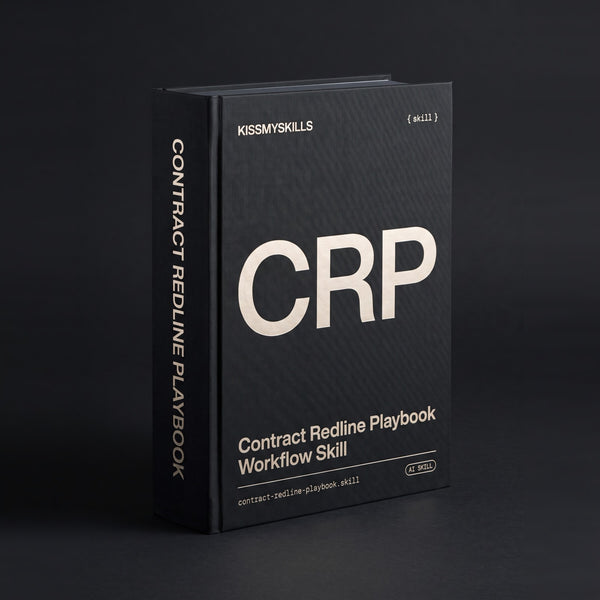 Contract Redline Playbook Claude skill by KissMySkills, deep graphite-black bookcloth cover, monogram CRP