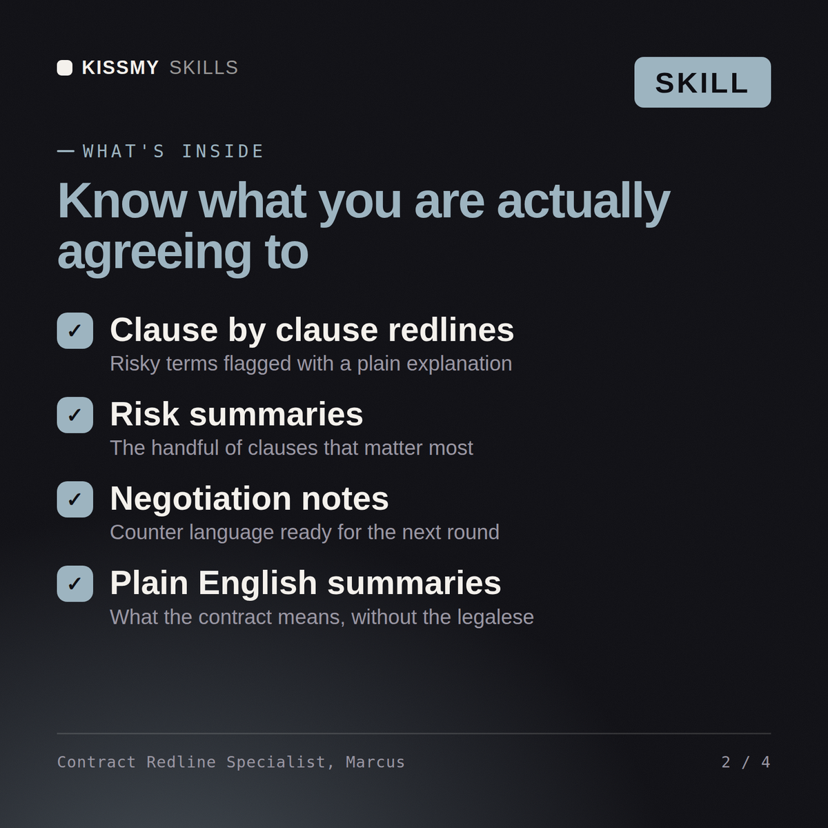 What's inside the Contract Redline Specialist, Marcus AI skill: Clause by clause redlines, Risk summaries, Negotiation notes, Plain English summaries