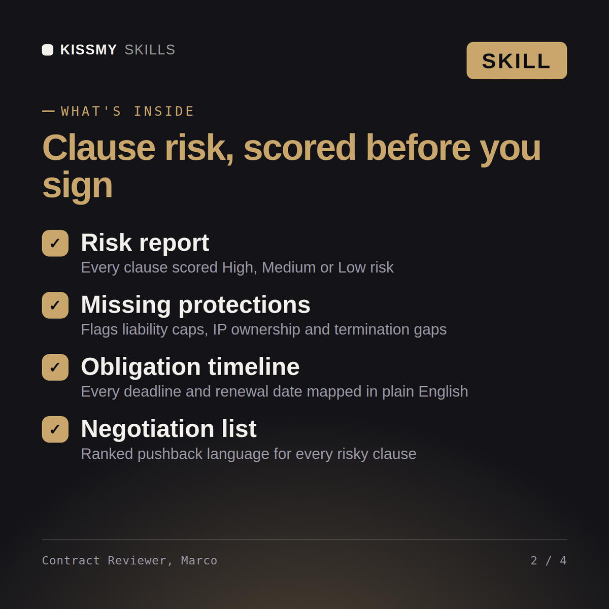 What's inside the Contract Reviewer, Marco AI skill: Risk report, Missing protections, Obligation timeline, Negotiation list