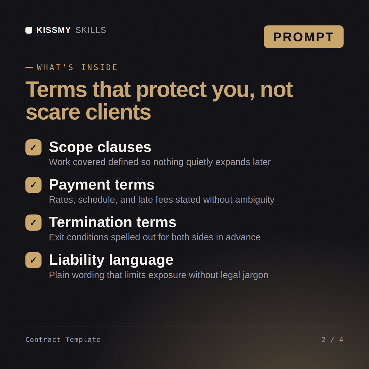 What's inside the Contract Template AI prompt: Scope clauses, Payment terms, Termination terms, Liability language