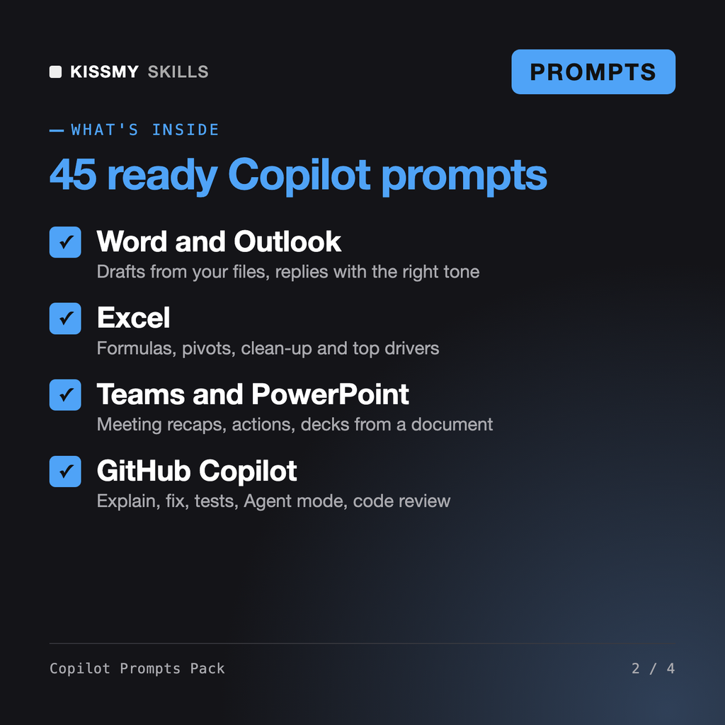 What's inside the Copilot Prompts Pack - Microsoft 365 & GitHub Copilot Prompts for Word, Excel, Outlook, Teams and Code: Word and Outlook, Excel, Teams and PowerPoint, GitHub Copilot