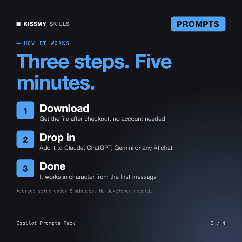How the Copilot Prompts Pack - Microsoft 365 & GitHub Copilot Prompts for Word, Excel, Outlook, Teams and Code works in three steps: download, drop it into your AI chat, done