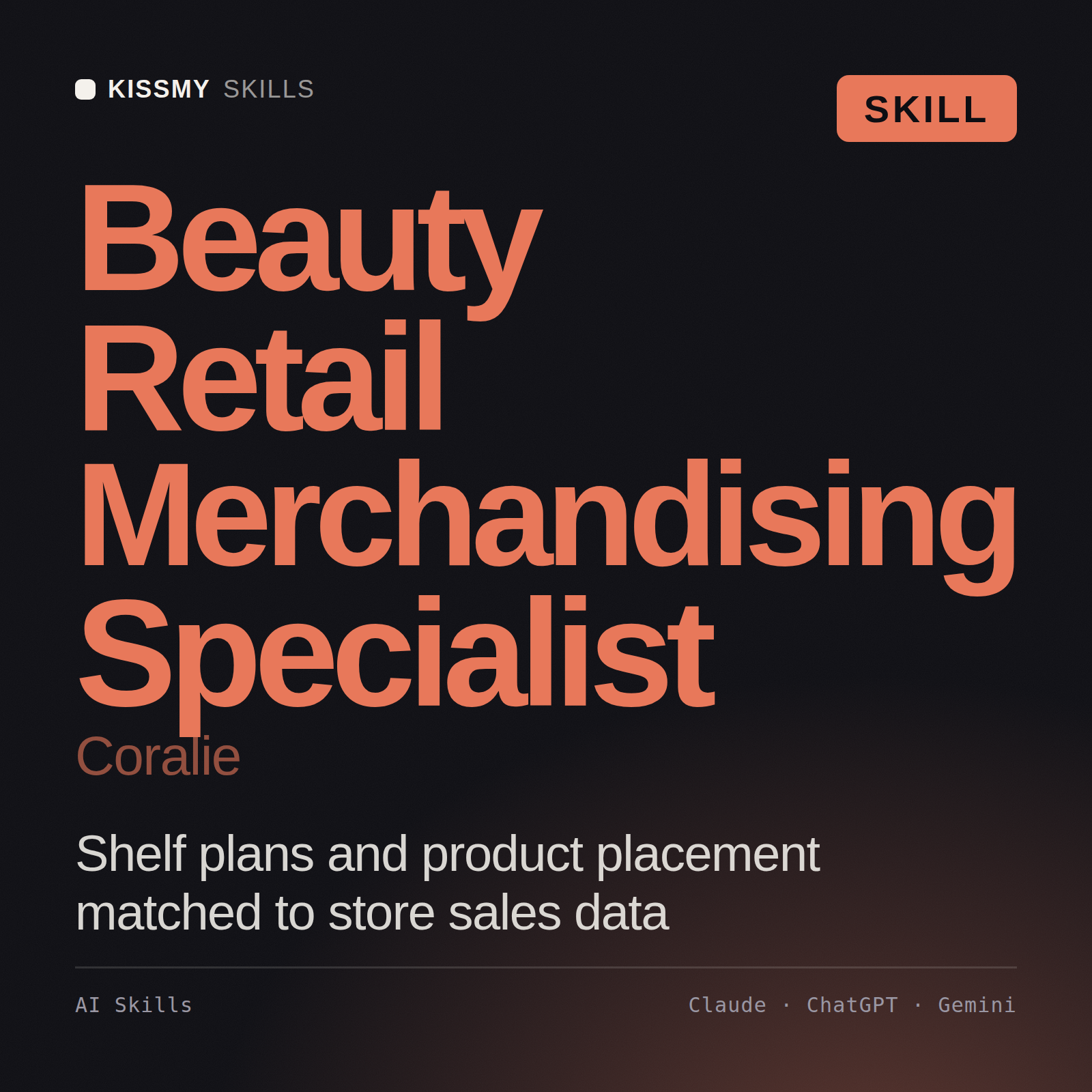Beauty Retail Merchandising Specialist, Coralie AI skill by KissMySkills, cover