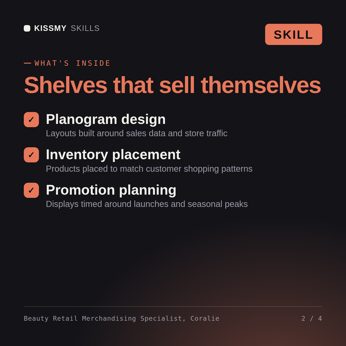 What's inside the Beauty Retail Merchandising Specialist, Coralie AI skill: Planogram design, Inventory placement, Promotion planning