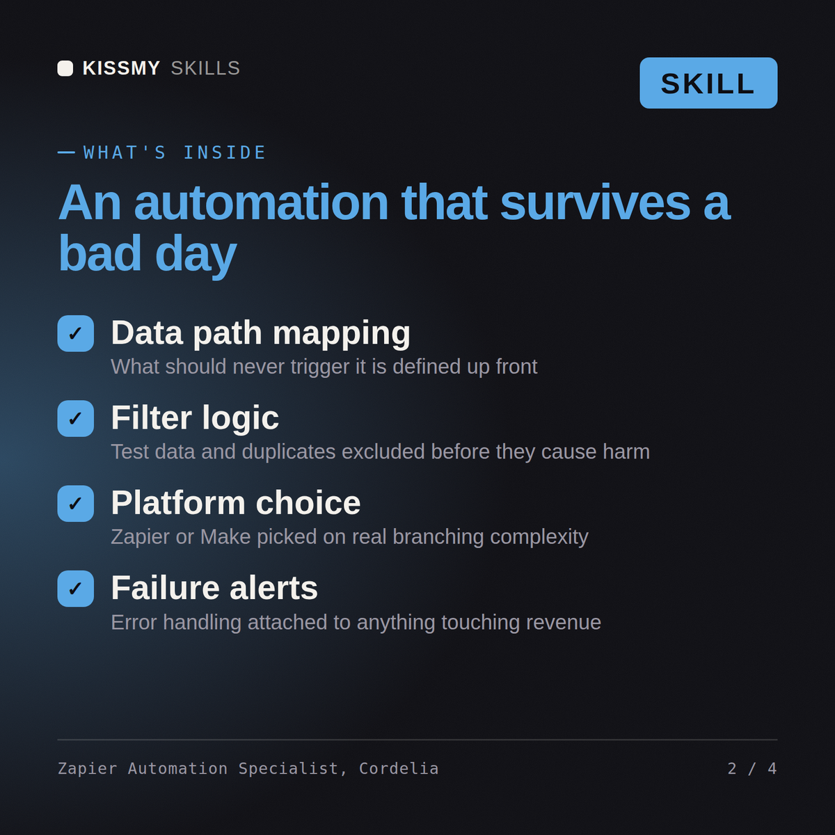 What's inside the Zapier Automation Specialist, Cordelia AI skill: Data path mapping, Filter logic, Platform choice, Failure alerts
