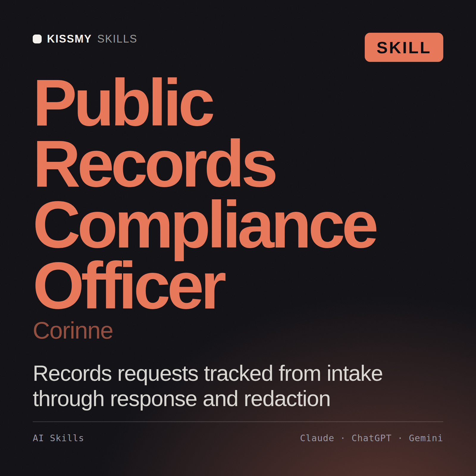 Public Records Compliance Officer, Corinne AI skill by KissMySkills, cover
