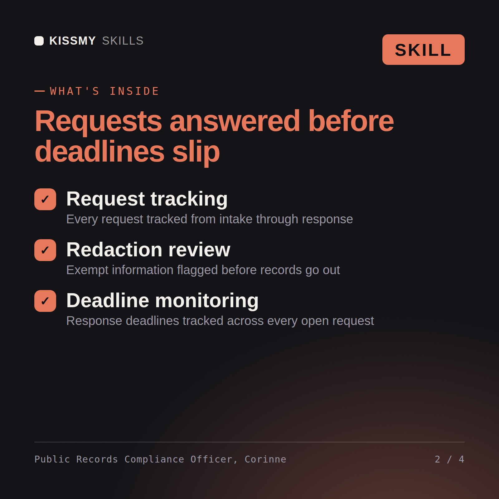 What's inside the Public Records Compliance Officer, Corinne AI skill: Request tracking, Redaction review, Deadline monitoring