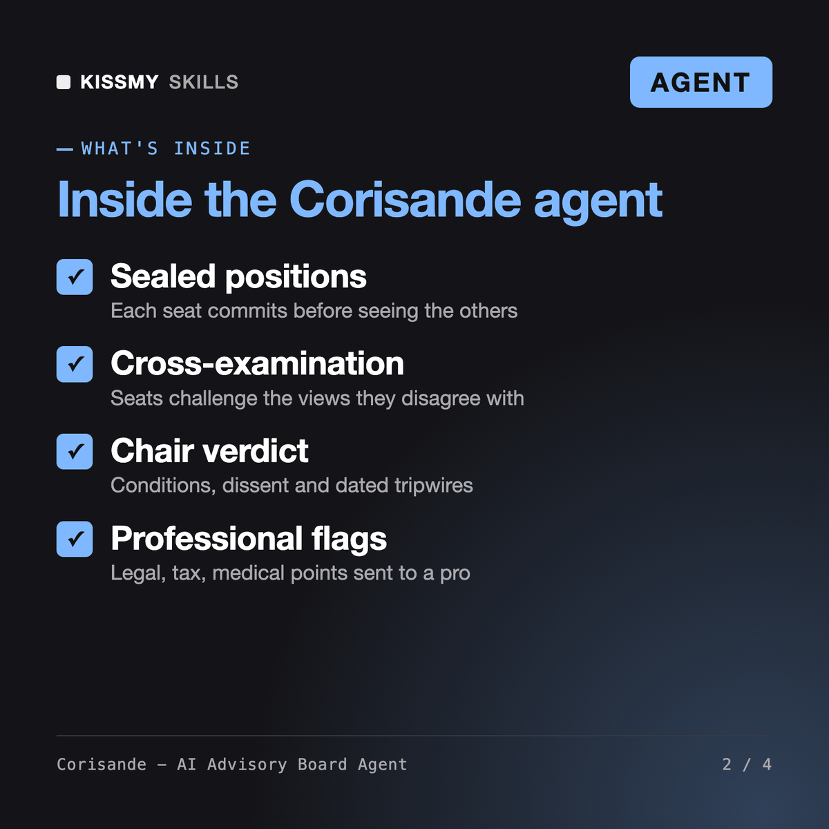 What's inside the Corisande - AI Advisory Board Agent: Sealed positions, Cross-examination, Chair verdict, Professional flags