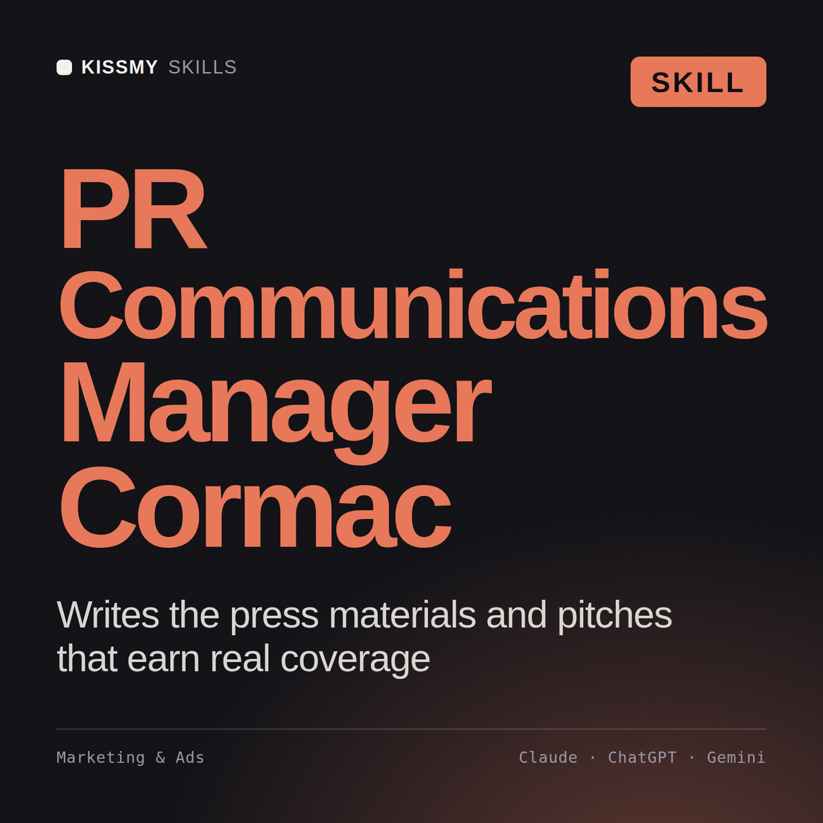 PR Communications Manager, Cormac AI skill by KissMySkills, cover