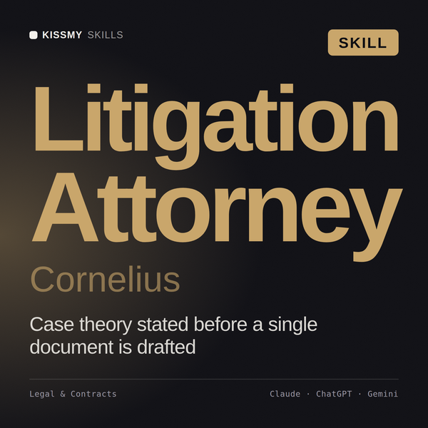 Litigation Attorney, Cornelius AI skill by KissMySkills, cover