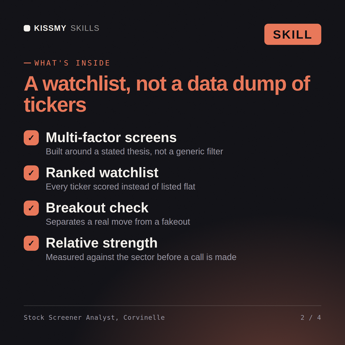 What's inside the Stock Screener Analyst, Corvinelle AI skill: Multi-factor screens, Ranked watchlist, Breakout check, Relative strength