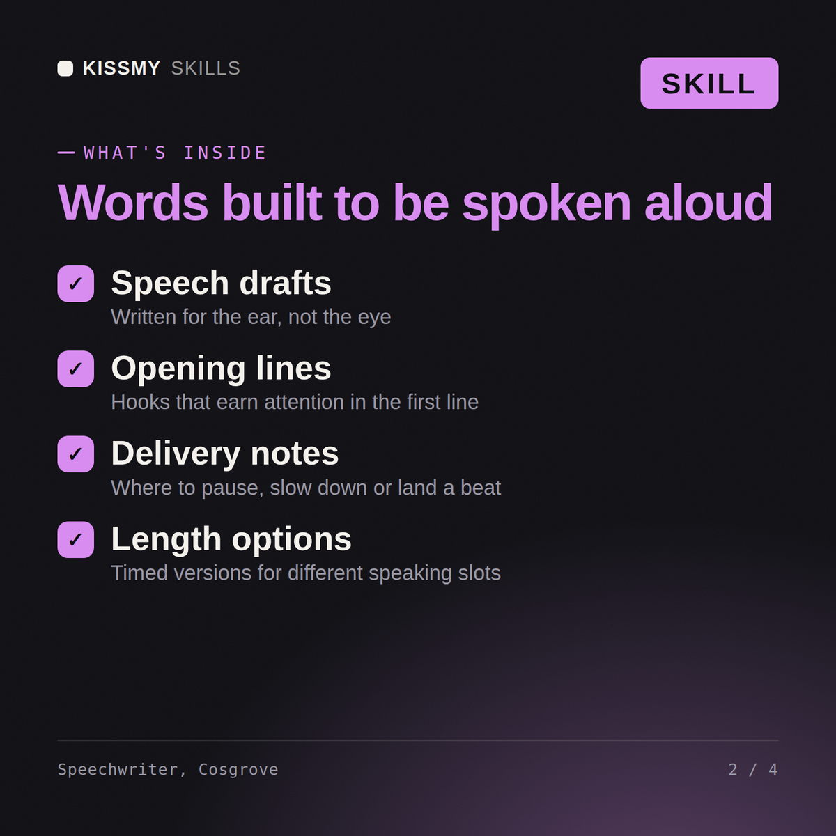 What's inside the Speechwriter, Cosgrove AI skill: Speech drafts, Opening lines, Delivery notes, Length options