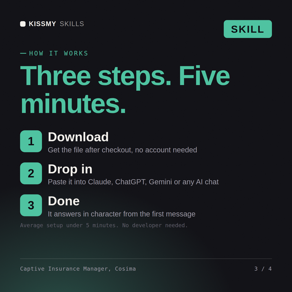 How the Captive Insurance Manager, Cosima AI skill works in three steps: download, drop it into your AI chat, done