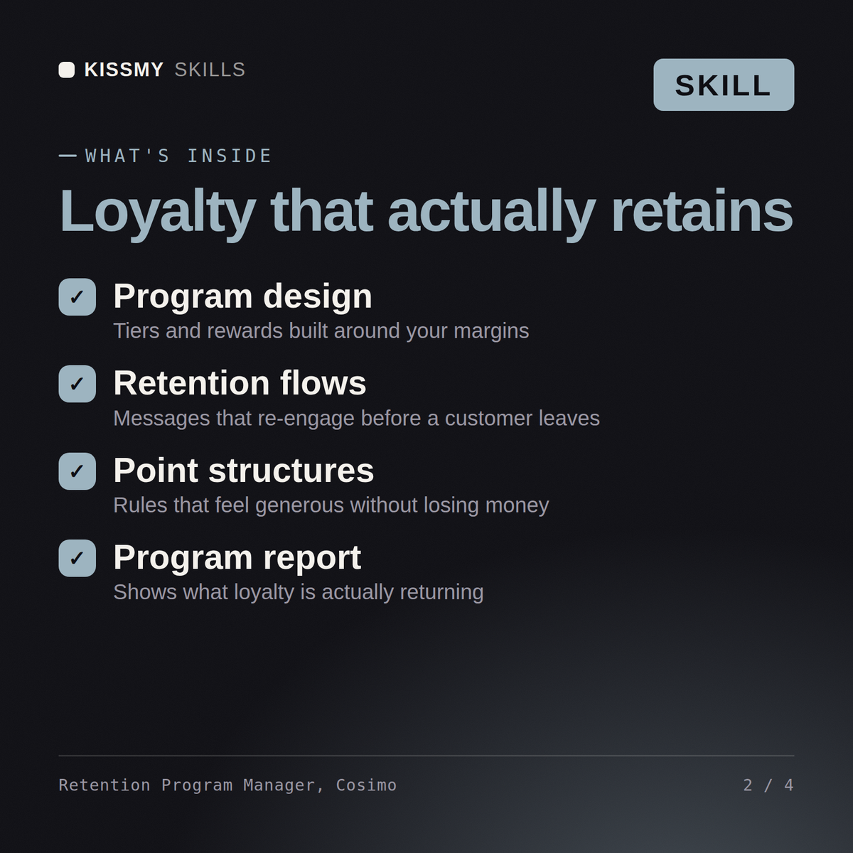 What's inside the Retention Program Manager, Cosimo AI skill: Program design, Retention flows, Point structures, Program report