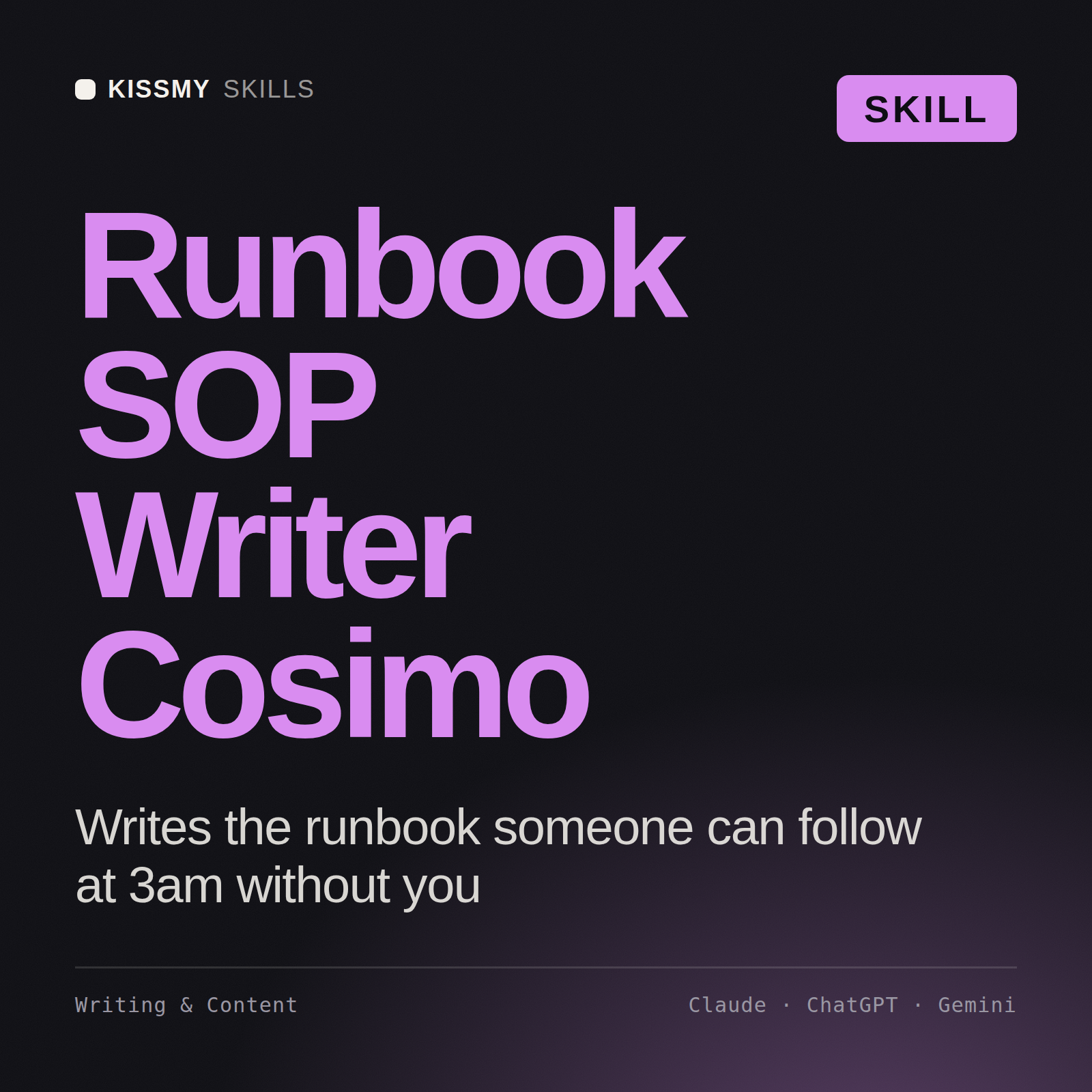 Runbook SOP Writer, Cosimo AI skill by KissMySkills, cover