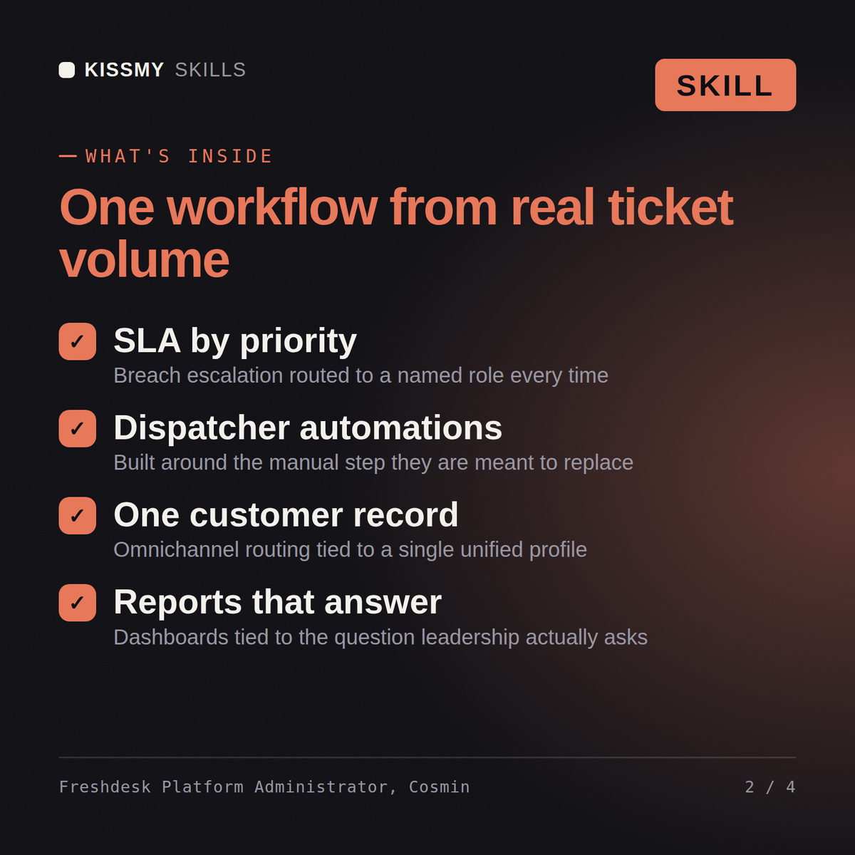 What's inside the Freshdesk Platform Administrator, Cosmin AI skill: SLA by priority, Dispatcher automations, One customer record, Reports that answer