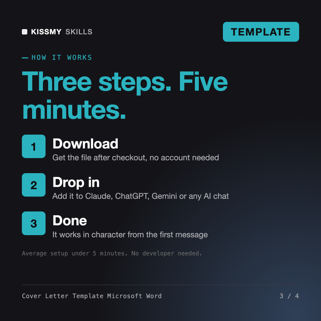 How the Cover Letter Template Microsoft Word - 3 Word Designs to Match Your Resume works in three steps: download, drop it into your AI chat, done