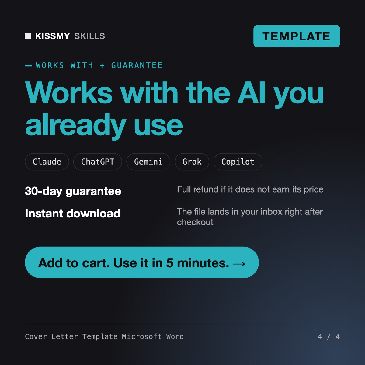 The Cover Letter Template Microsoft Word - 3 Word Designs to Match Your Resume works with Claude, ChatGPT, Gemini and any AI chat, 30-day money-back guarantee