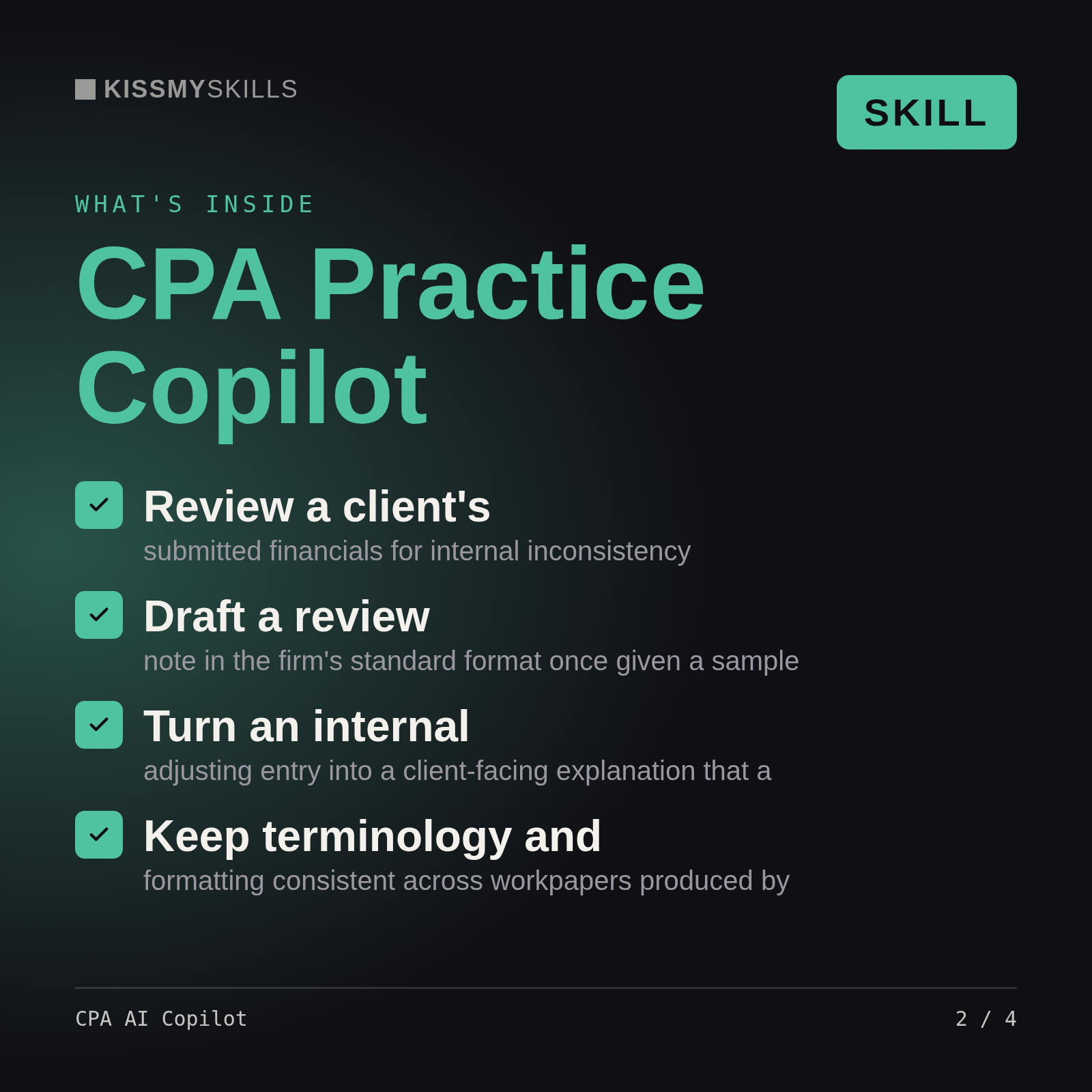 What's inside the CPA AI Copilot skill: Review a client's, Draft a review, Turn an internal, Keep terminology and