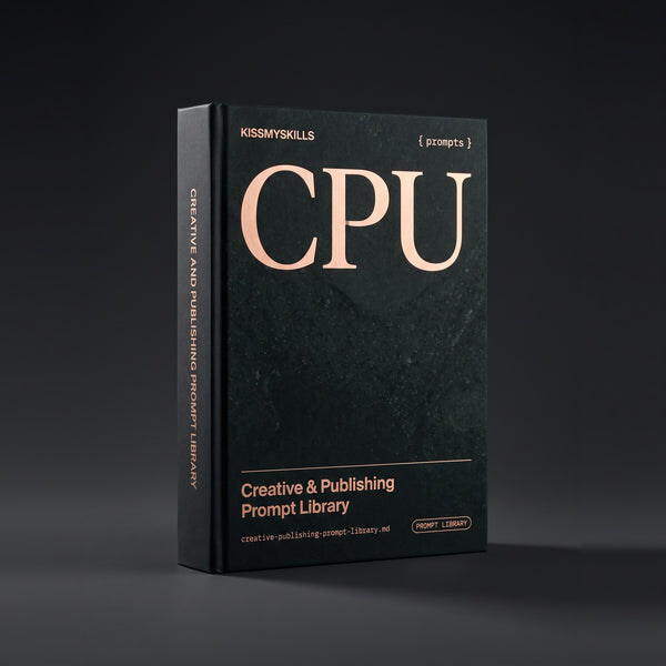 Creative & Publishing prompts for Claude by KissMySkills, near-black deep green serpentine stone cover with the monogram CPU
