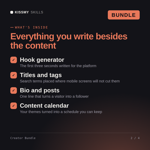 What's inside the Creator Bundle AI bundle: Hook generator, Titles and tags, Bio and posts, Content calendar
