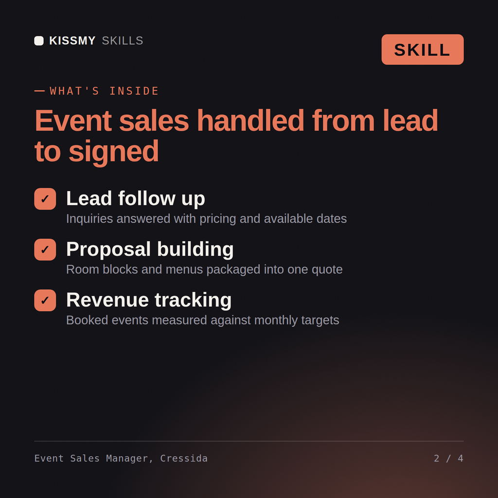 What's inside the Event Sales Manager, Cressida AI skill: Lead follow up, Proposal building, Revenue tracking