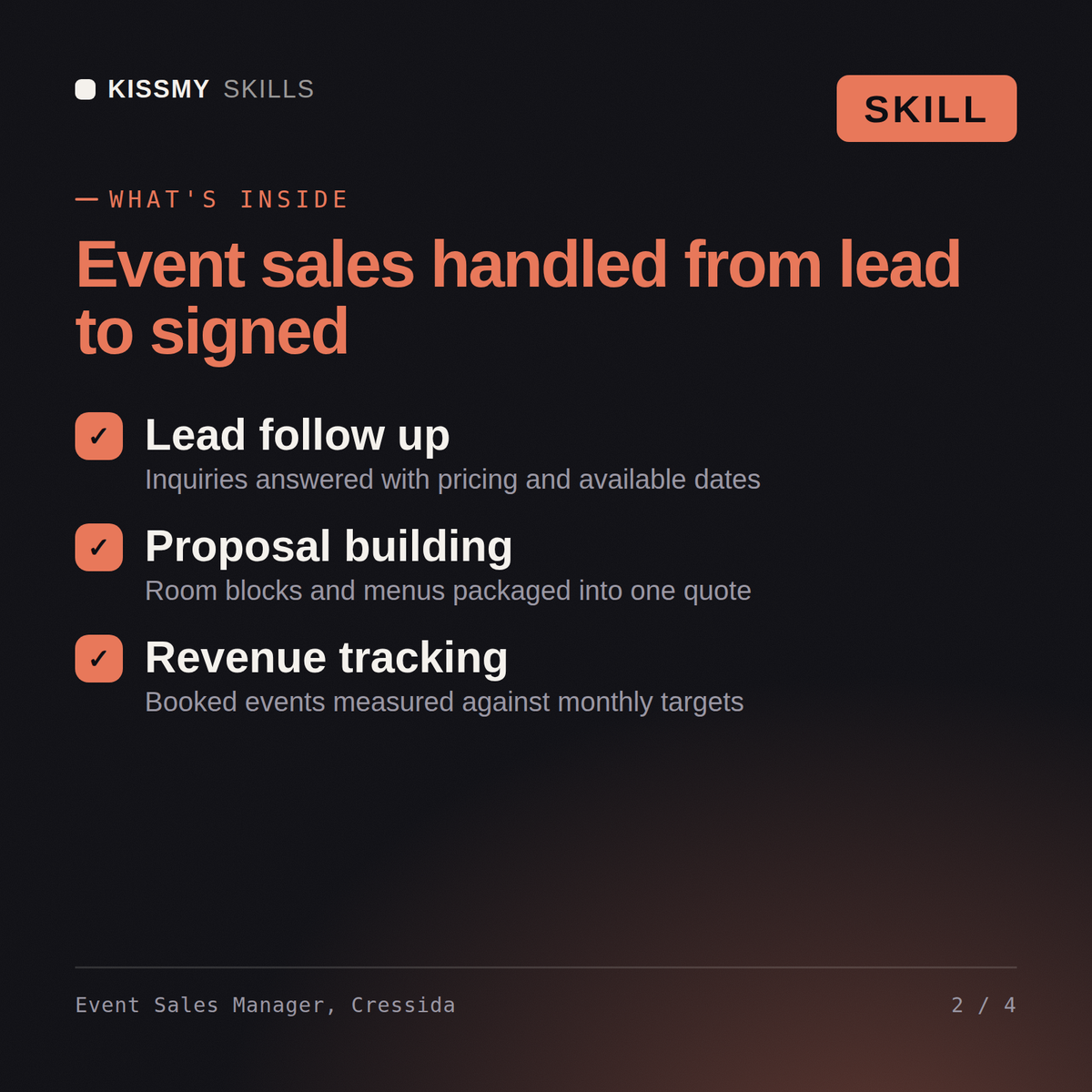 What's inside the Event Sales Manager, Cressida AI skill: Lead follow up, Proposal building, Revenue tracking