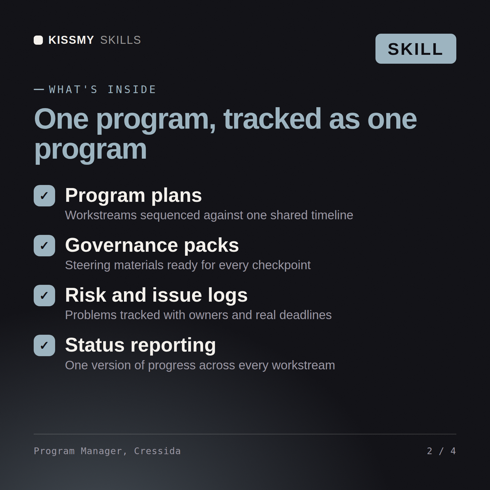 What's inside the Program Manager, Cressida AI skill: Program plans, Governance packs, Risk and issue logs, Status reporting