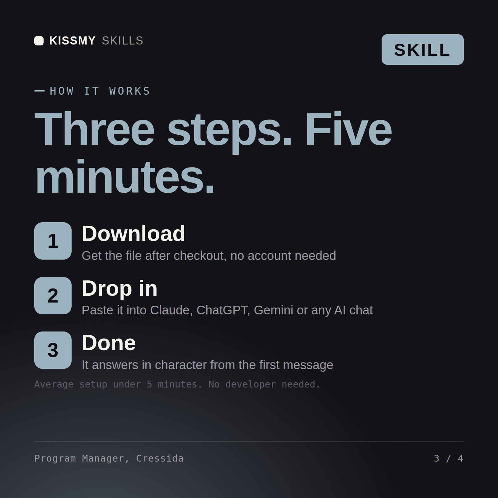 How the Program Manager, Cressida AI skill works in three steps: download, drop it into your AI chat, done