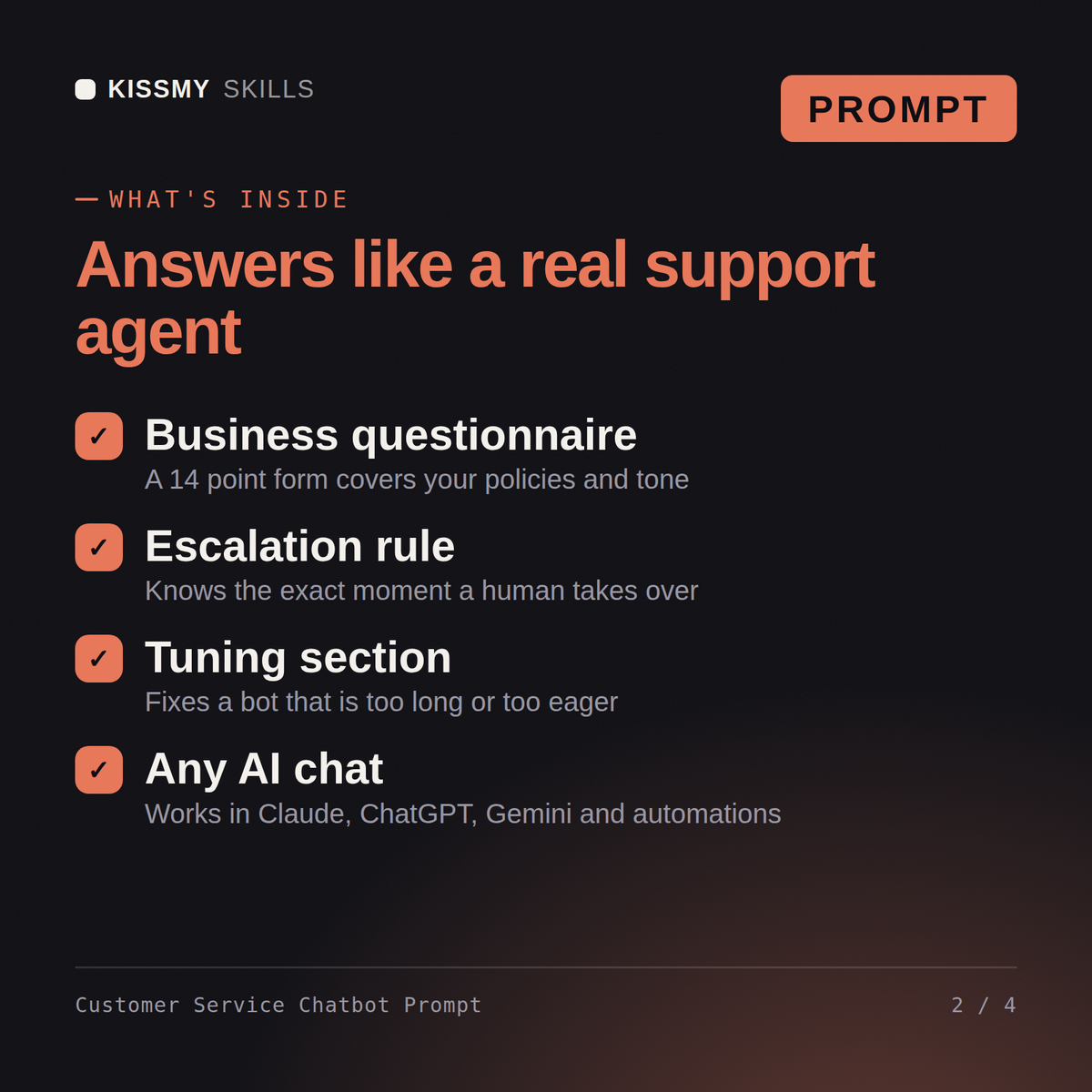 What's inside the Customer Service Chatbot Prompt AI prompt: Business questionnaire, Escalation rule, Tuning section, Any AI chat