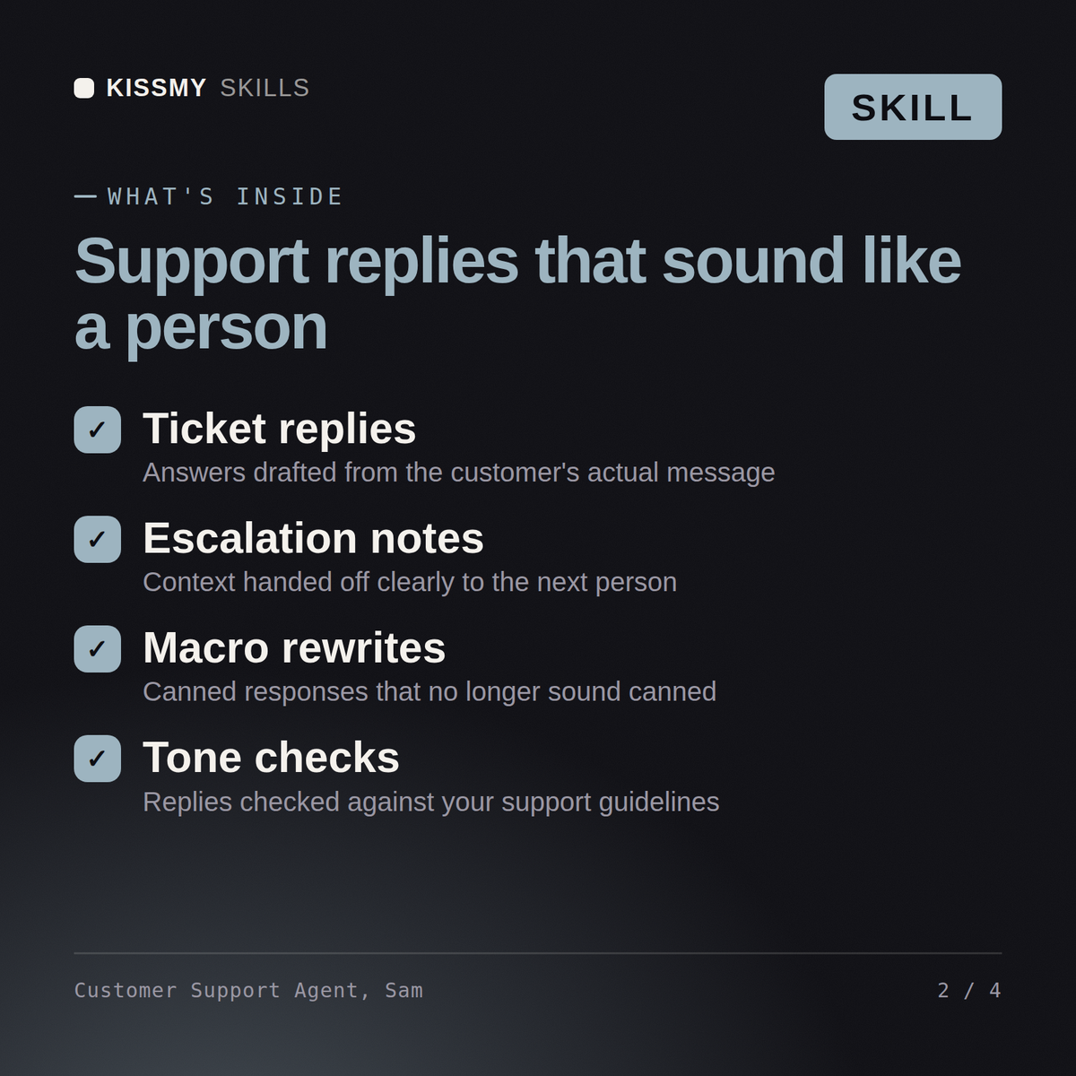 What's inside the Customer Support Agent, Sam AI skill: Ticket replies, Escalation notes, Macro rewrites, Tone checks