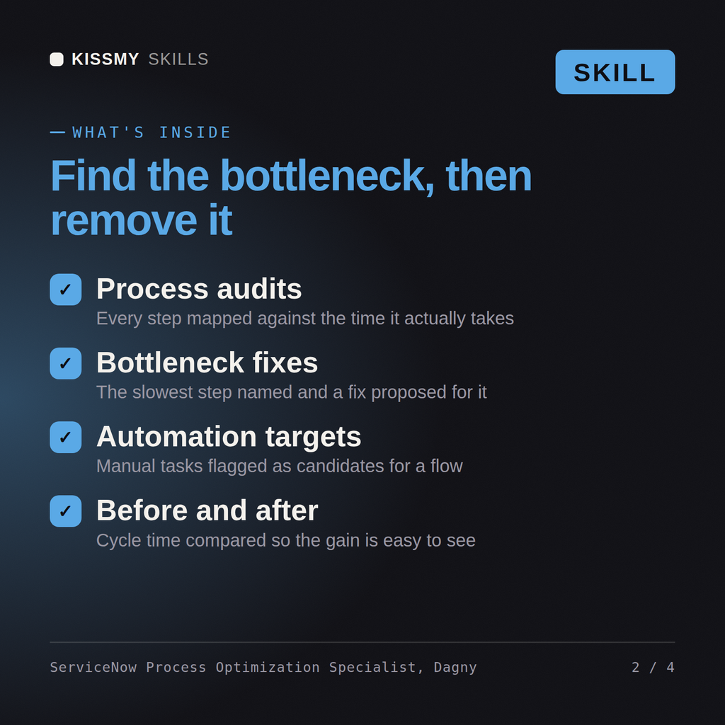 What's inside the ServiceNow Process Optimization Specialist, Dagny AI skill: Process audits, Bottleneck fixes, Automation targets, Before and after