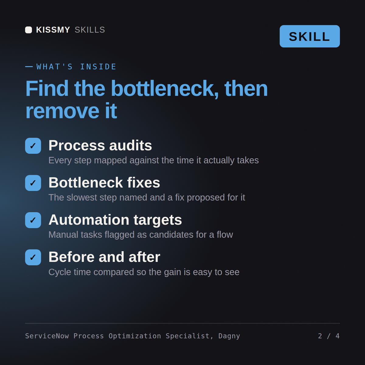 What's inside the ServiceNow Process Optimization Specialist, Dagny AI skill: Process audits, Bottleneck fixes, Automation targets, Before and after