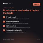 What's inside the Options Trader, Damien AI skill: IV rank read, Vertical spreads, Iron condors, Probability of profit